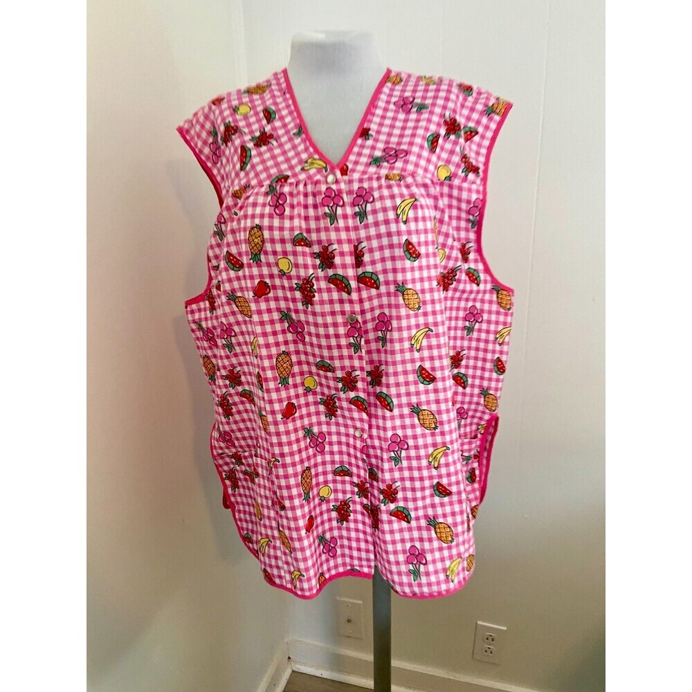 VTG Private Moments Pearl Snap House Dress Apron Smock Fruit 2XL Gingham Cotton - Picture 2 of 15
